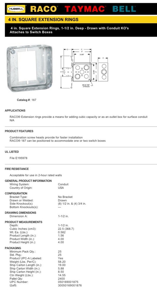 [5pk] 4" DEVICE FACE Square Extension Ring, 1-1/2" Deep, **SHIPS FREE**