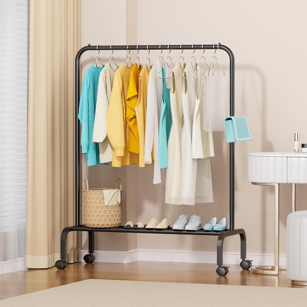 Sturdy Portable Wardrobe Rack - Rolling Black Clothes Rail with Lockable Wheels