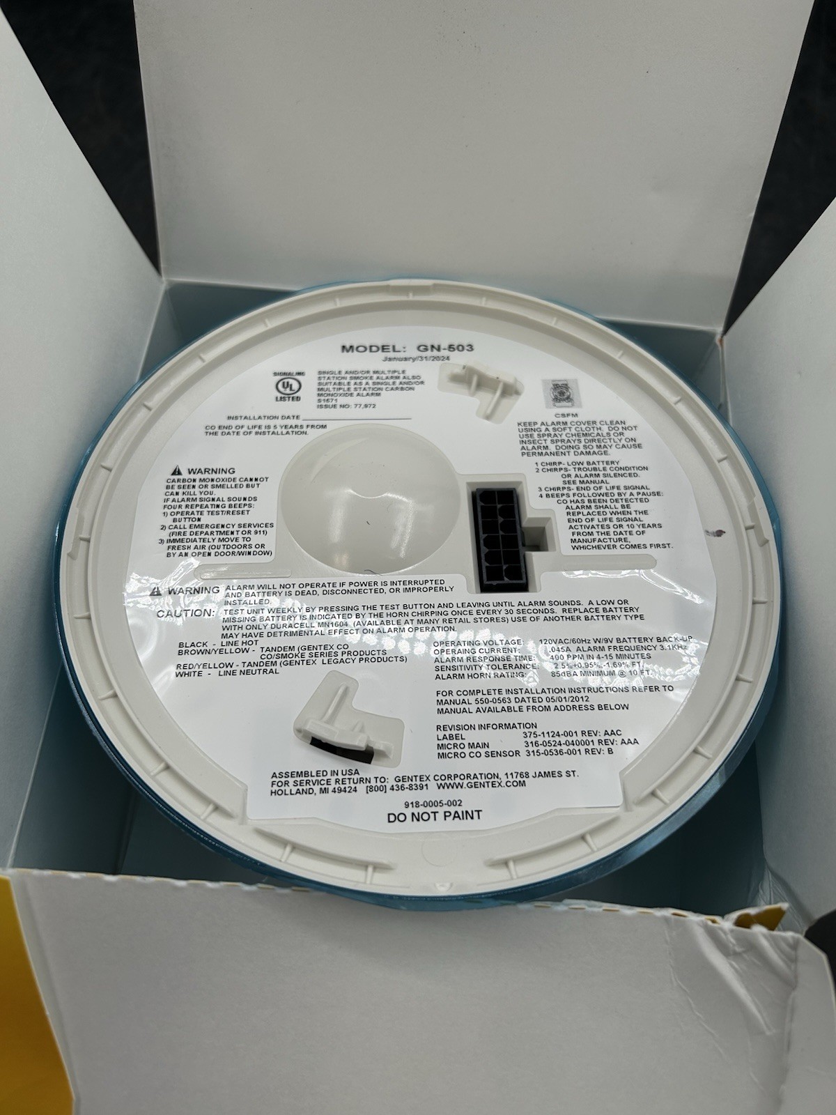 NIB Gentex GN-503 Smoke & CO Alarm 120VAC With 9VDC Battery Backup C01209/S1209