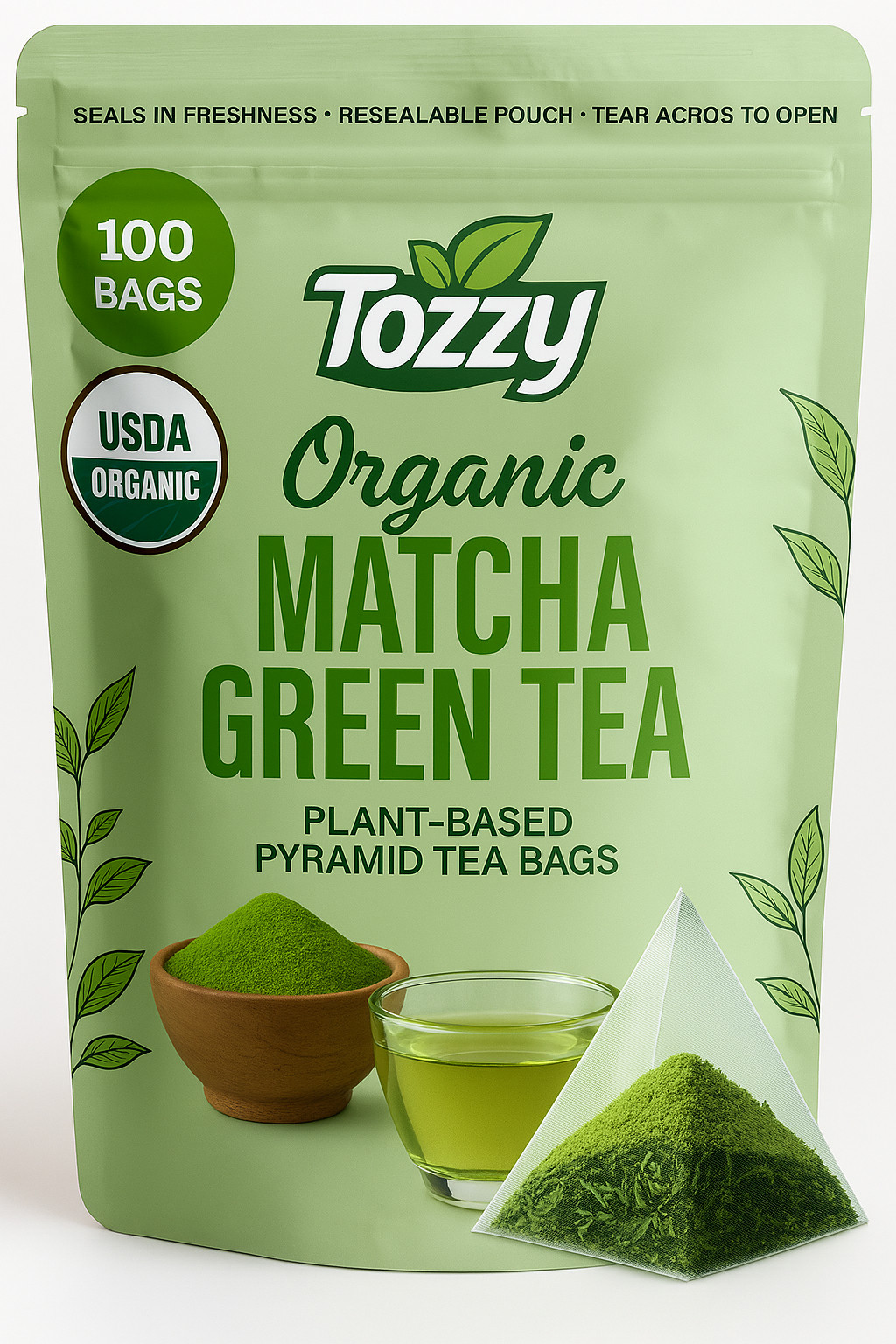 Organic Matcha Green Tea - 100 Count (Plant-Based Pyramid Tea Bags) | Ceremonial