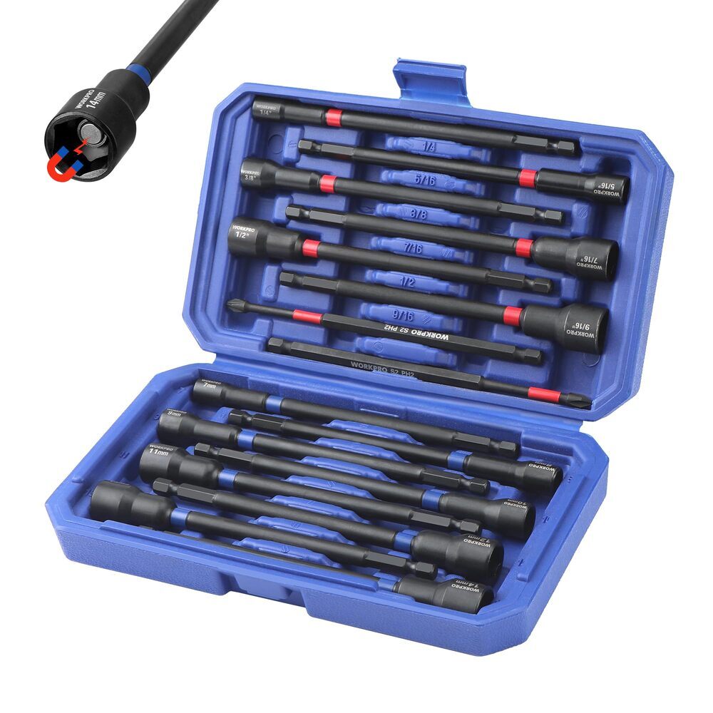 WORKPRO 16PC Magnetic Nut Driver Set Bit 6" Long Nut Driver Metric & SAE 1/4"Hex