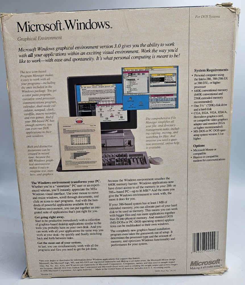 Vintage Microsoft Windows 3.0 Version for DOS Floppy Disk, RARE! Complete