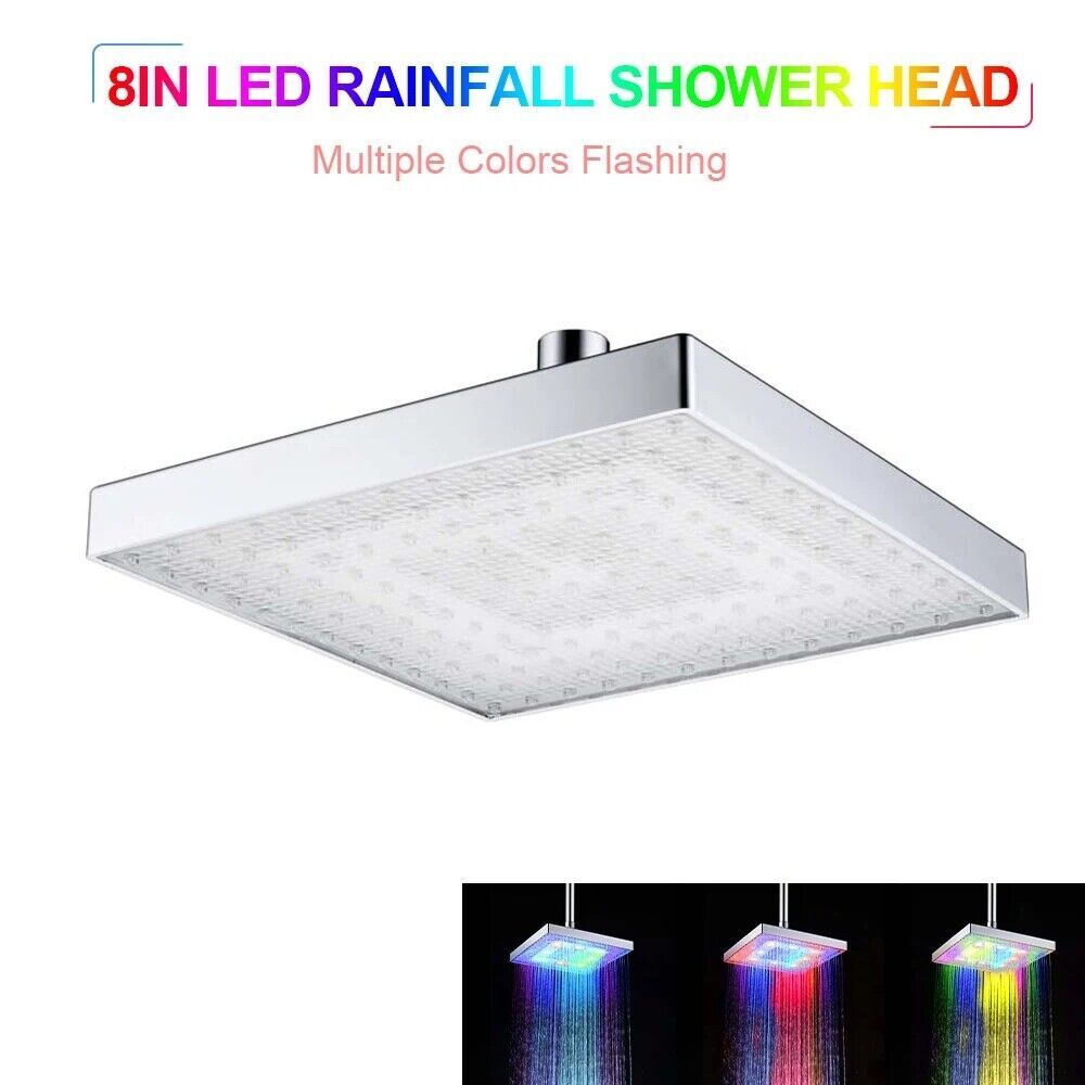8 inch Rain Shower Head High Flow Rainfall Square 7 Colors Automatic Changing