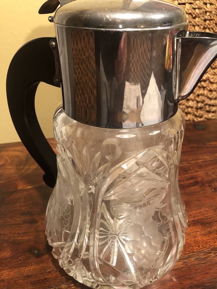 2 Crystal & Silver Plate Pitcher With Cooler Insert And Other Crystal Pitcher