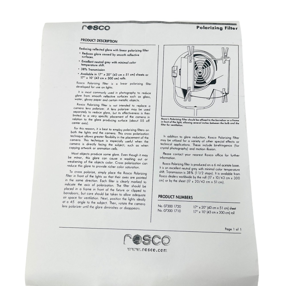 2 pcs Rosco Polarized Roll Filter Lightscreen for Engineering 07300 1720