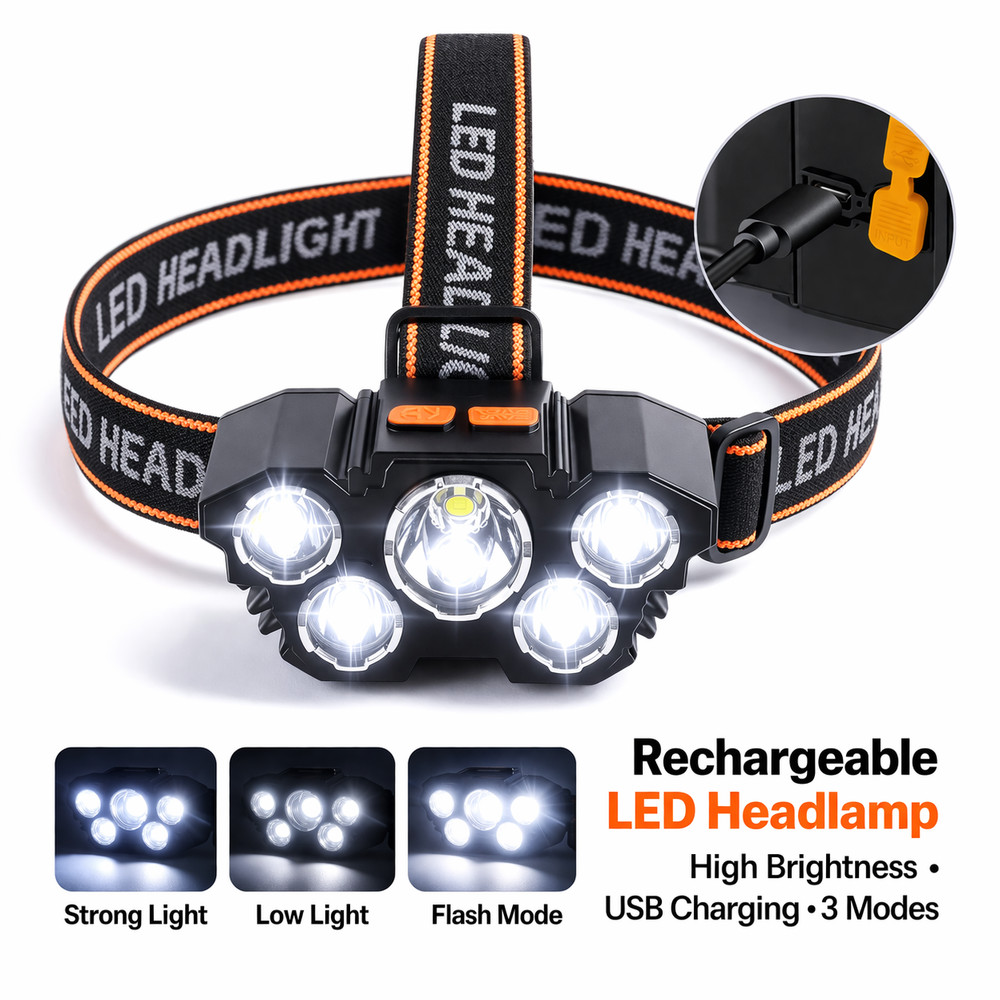 Rechargeable LED Headlamp 5 LED Super Bright Headlight Waterproof Camping