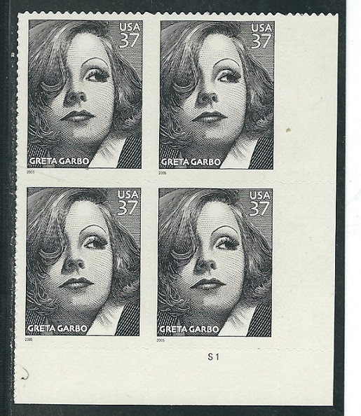 Scott  #3943... 37 Cent....Greta Garbo...Plate Block