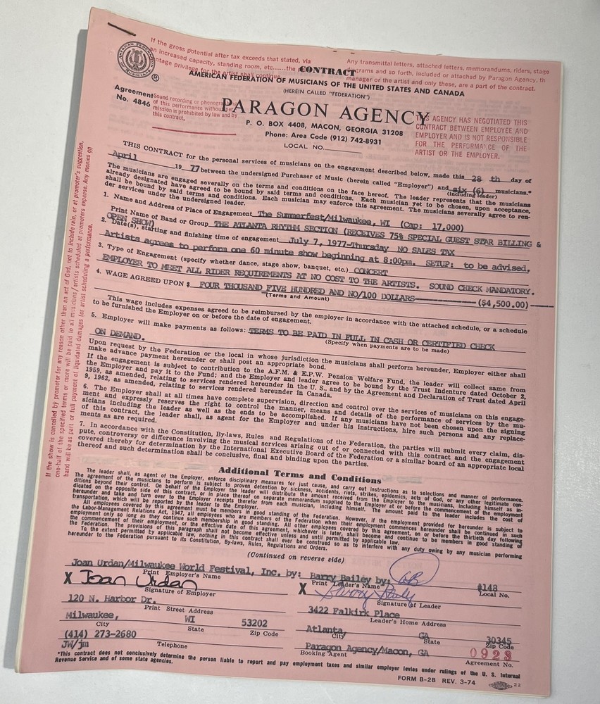 The Atlanta Rhythm Section Concert Contract 1977 Milwaukee WI
