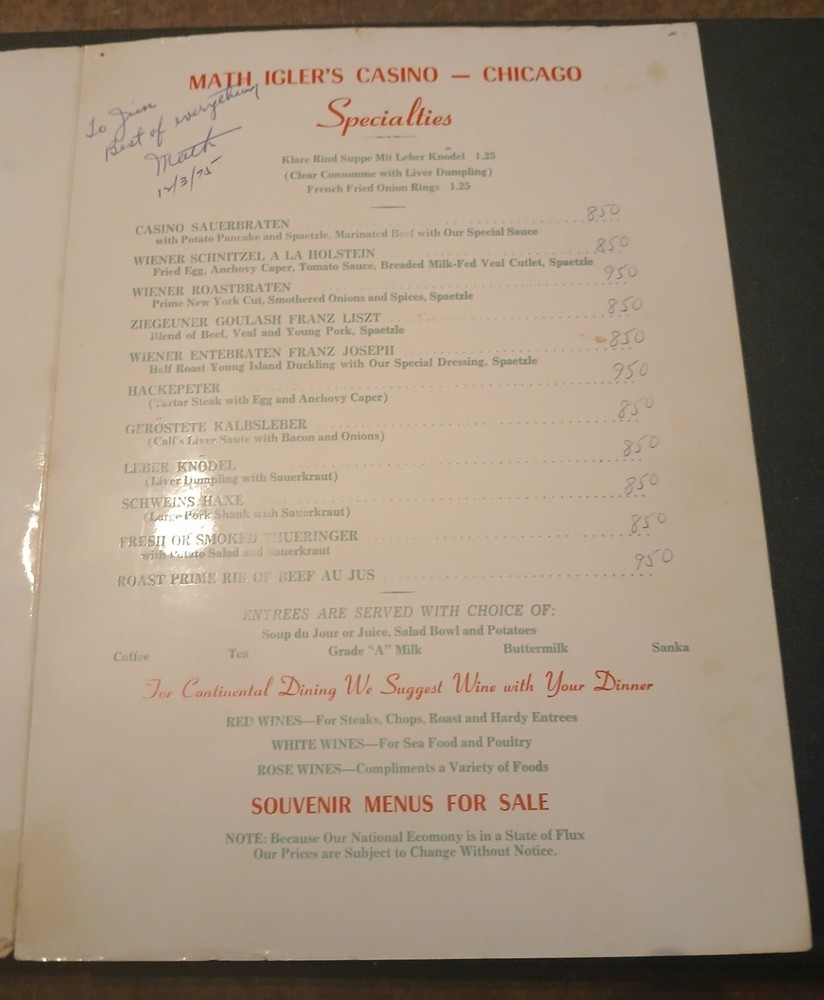 MATH IGLER'S CASINO Chicago MENU Signed Autographed