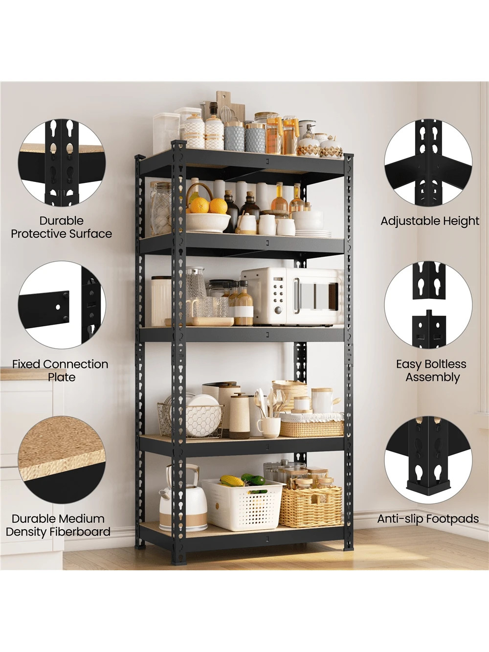 Butterslay 5-Tier Boltless Metal Storage Shelf with MDF Boards Adjustable Rack