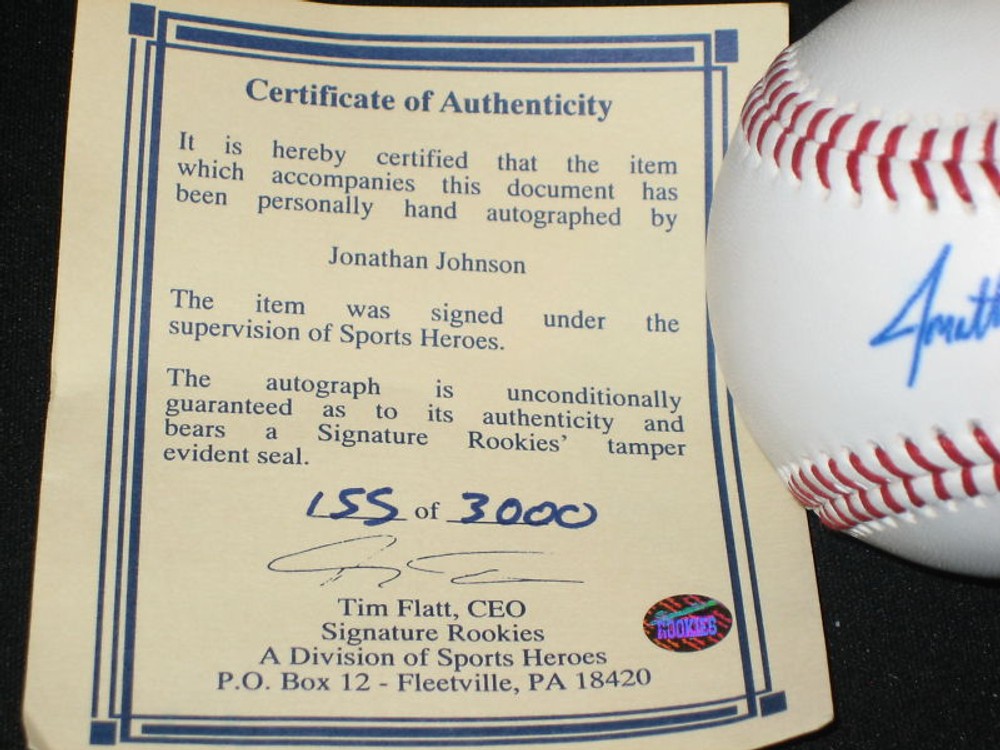 JONATHAN JOHNSON AUTOGRAPHED SIGNED BASEBALL COA /3000