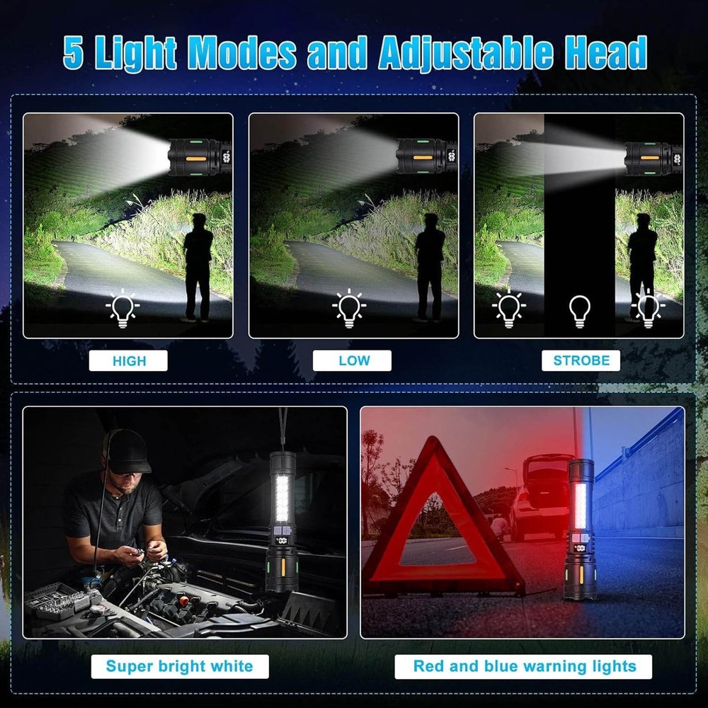 3000 Lumens LED Flashlight Rechargeable with 5 Modes Adjustable Head Portable