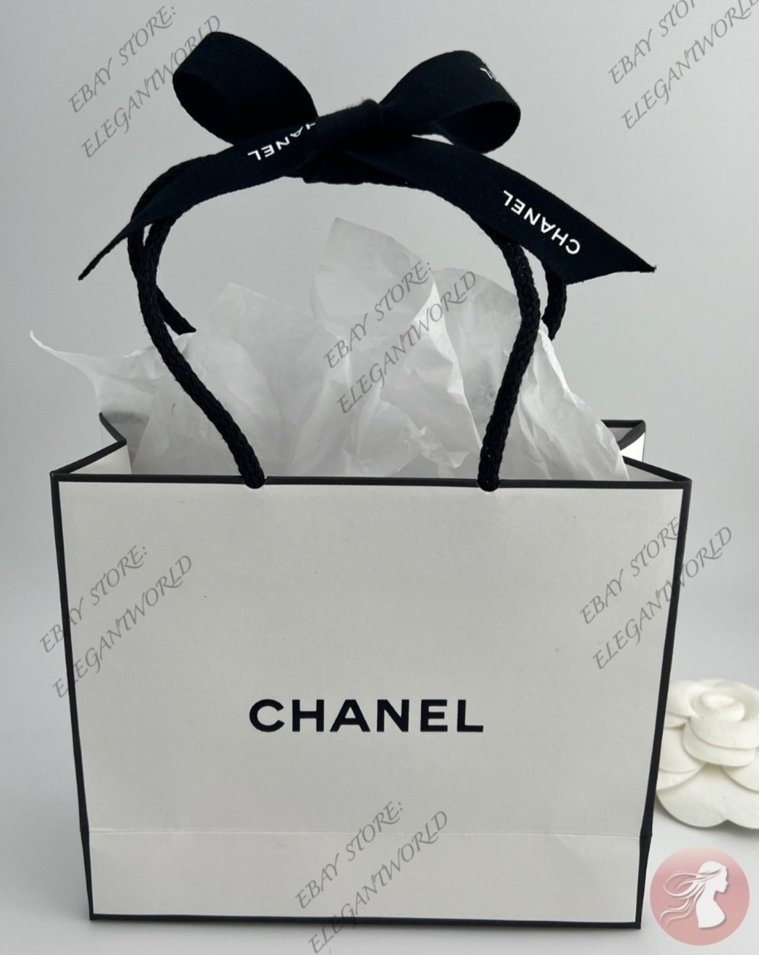 Chanel Small Empty Gift Bag White Paper Classic Black Logo L 5.5 x H 4.5 x D 2"