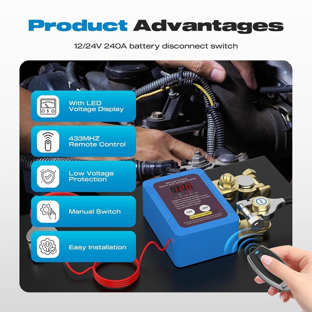 12V 240A Car Remote Battery Disconnect Kill Off Switch With Led Voltage Display