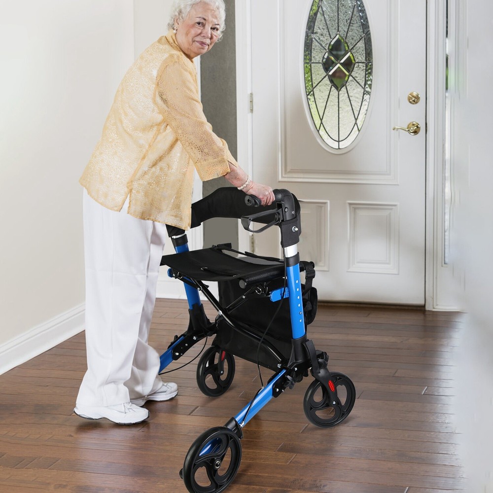 Aluminum Rollator Walker with Seat Backrest Foldable Rolling Walker with 220LBS