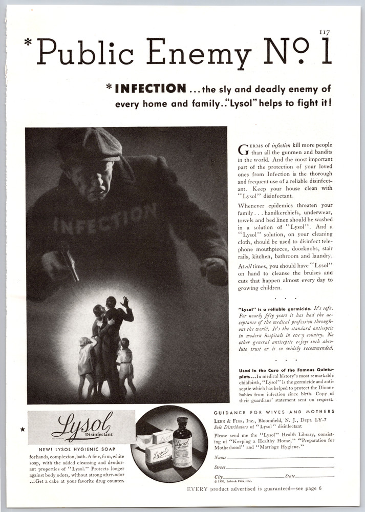 Advertising Print Ad 1935 Lysol Disinfectant Public Enemy No 1 Infection