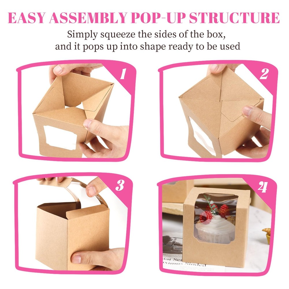 25 Pcs Cupcake Boxes Individual Cupcake Containers Pre-Assembled Single Cupca...