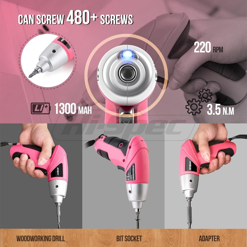 Compact Pink Electric Screwdriver Set - 27pc 3.6V USB Rechargeable Power Tool