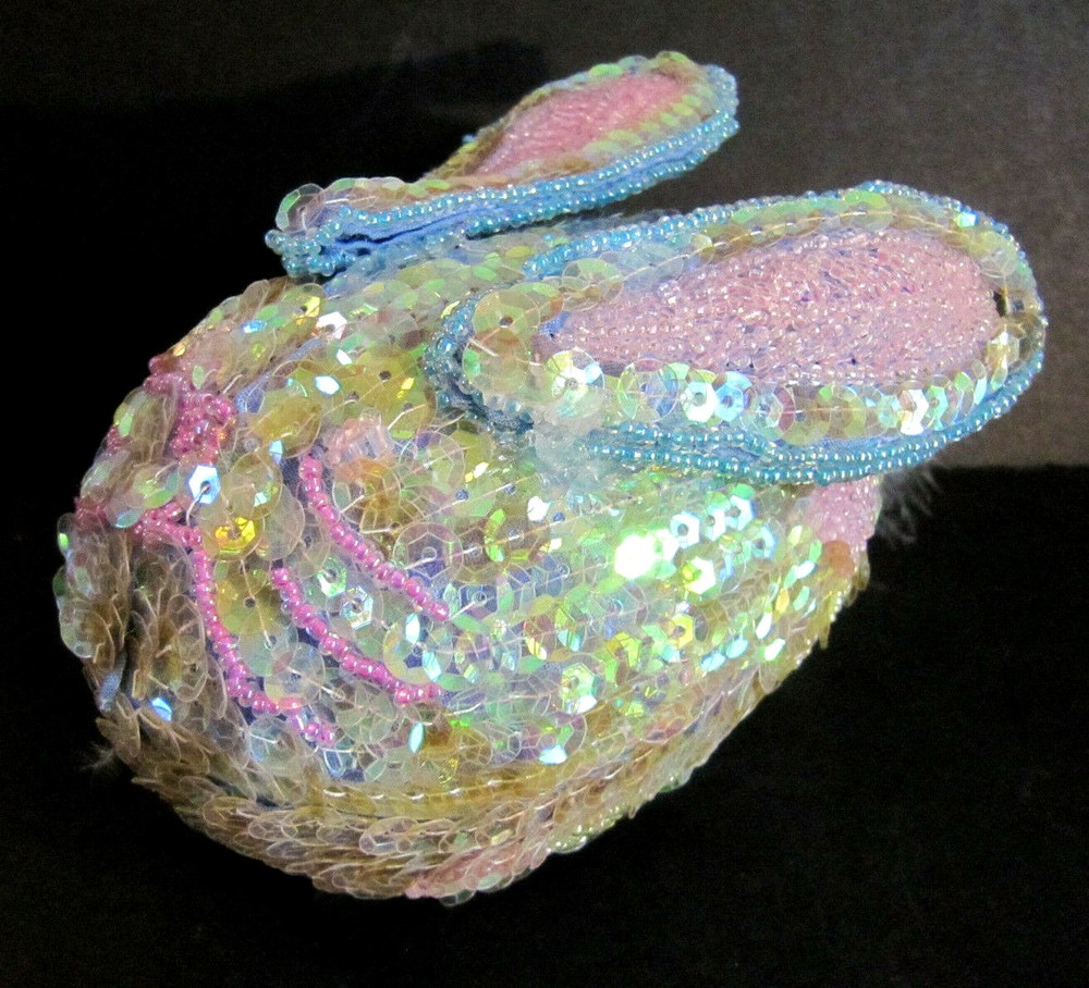 Sequin Beaded Easter GREEN Bunny Rabbit Egg Trinket Box Candy Container