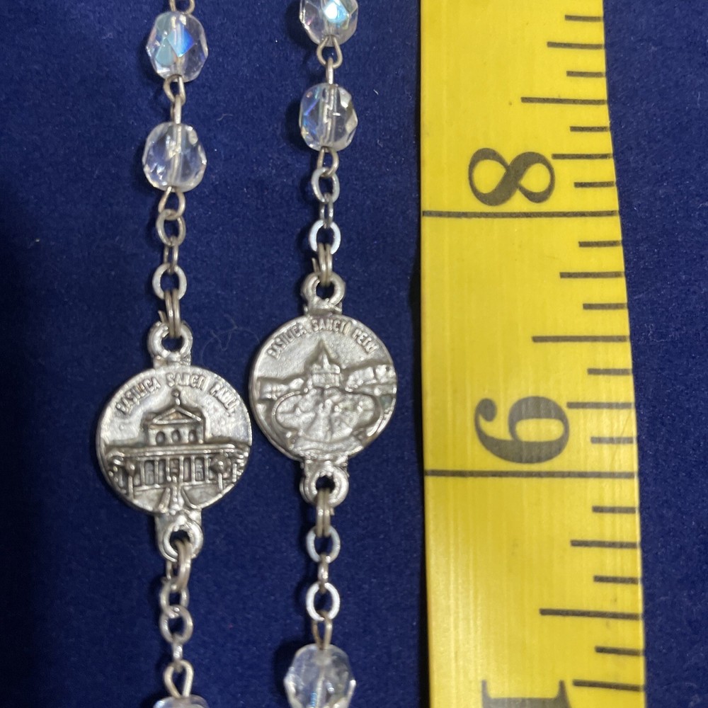 Crucifix Bead Necklace 20" Long Silver Tone w/Light Blue Beads