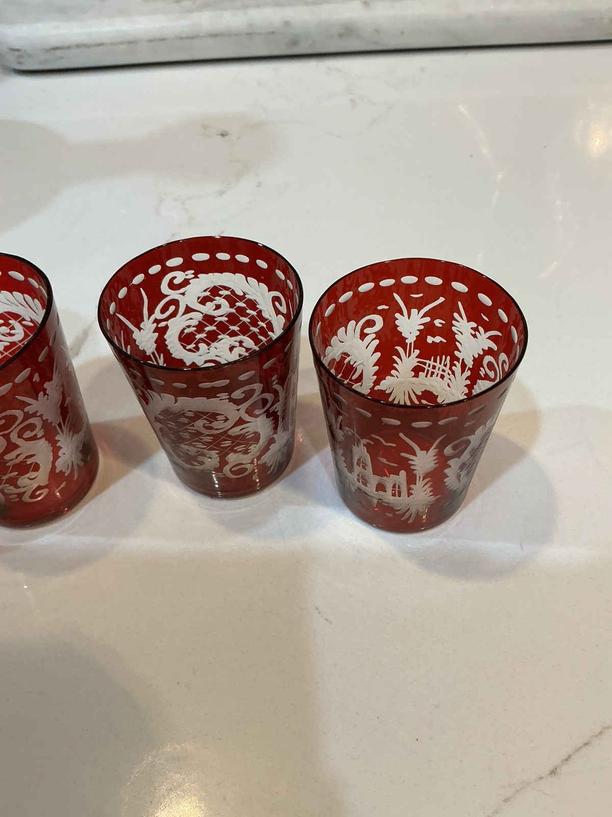 6PC EGERMANN CUT TO CLEAR RUBY WHISKEY DECANTER SET NO STOPPER- PRISTINE