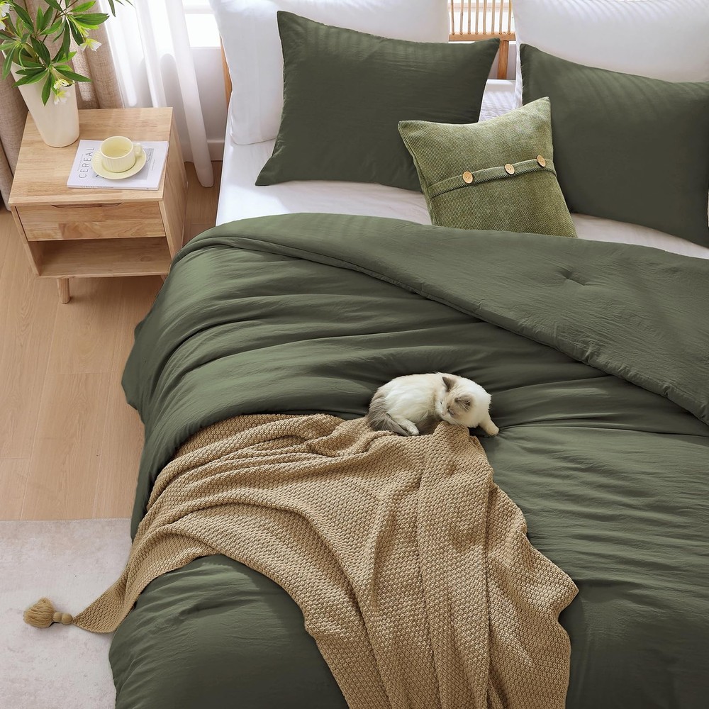 Queen Comforter Set - 3 Pieces Prewashed Olive Green Comforter Soft Lightweig...