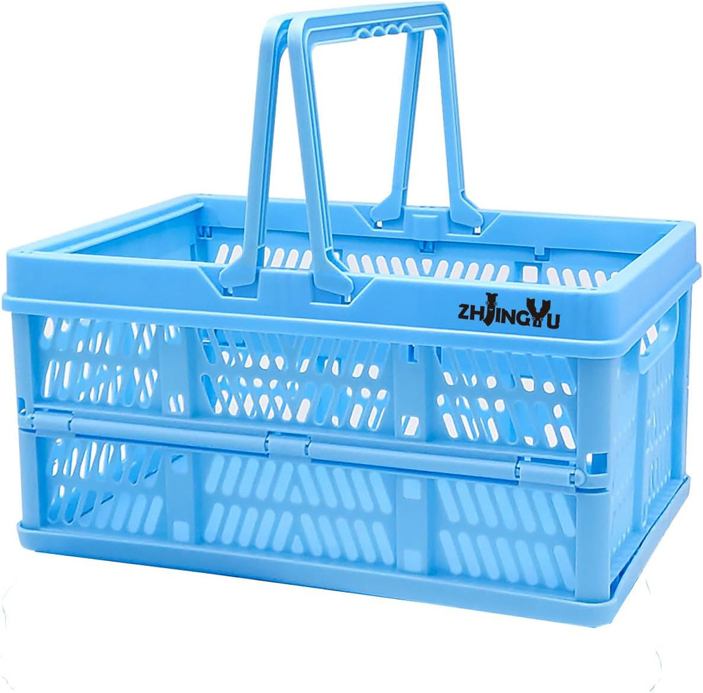 Collapsible Milk Crate – Foldable Plastic Basket with Handles, Blue, Small