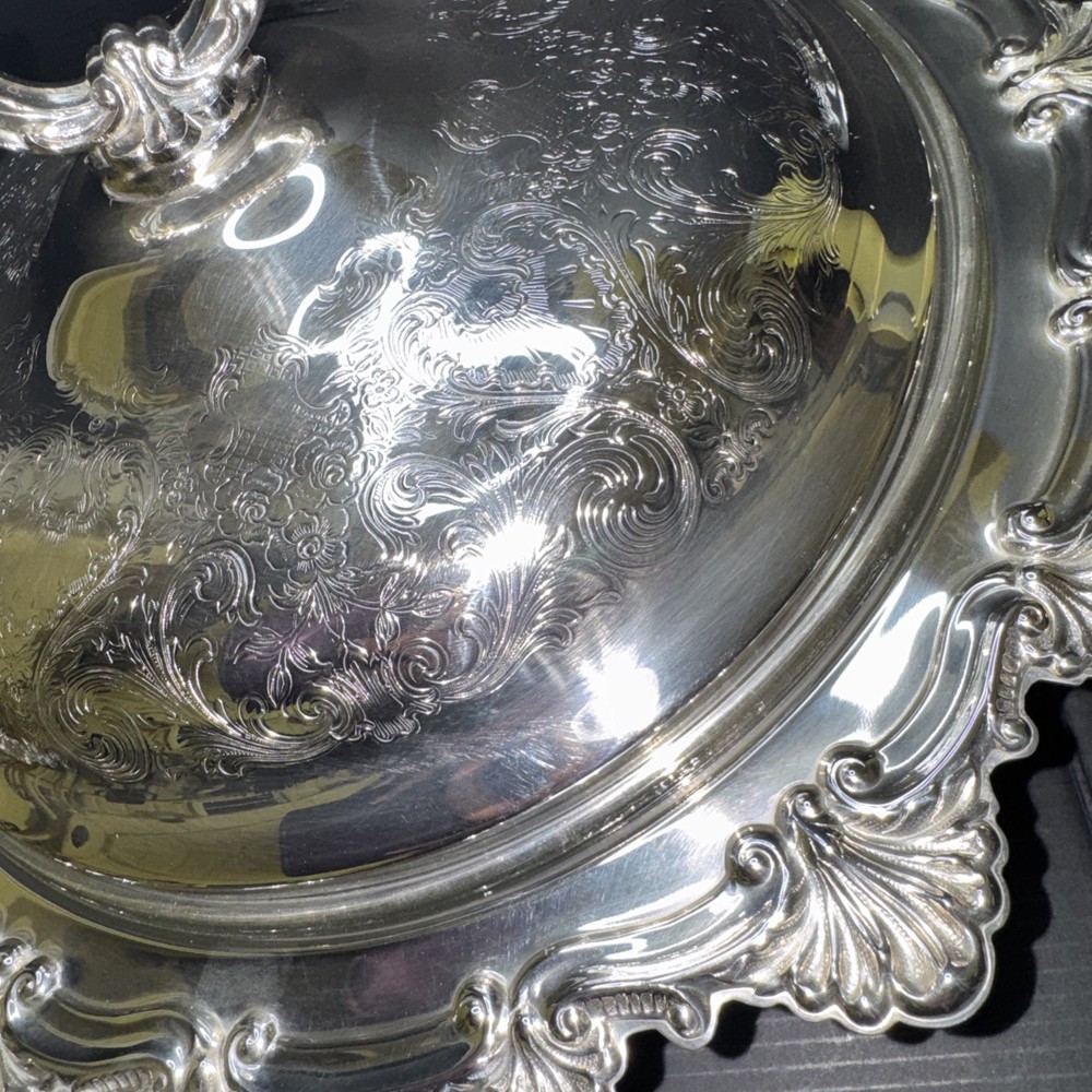 Silver- plated covered,divided dish insert (mid‑century, Rococo style)
