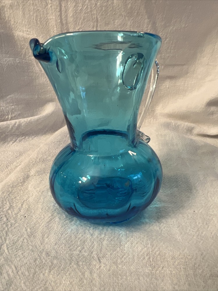 Handblown Mini Pitcher Blue With Clear Applied Handle 3.5”