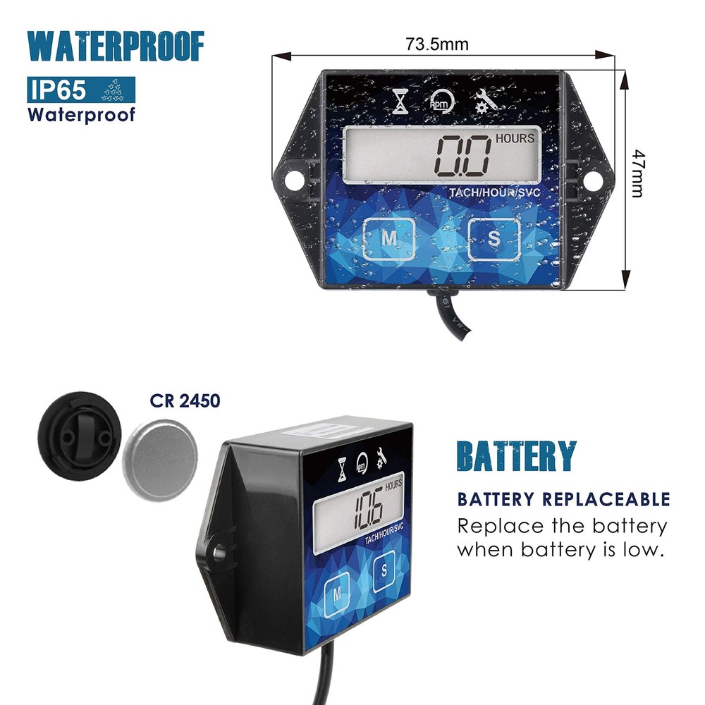 Small Engine Hour Meter, Digital Tachometer, Maintenance Reminder, Battery Re...