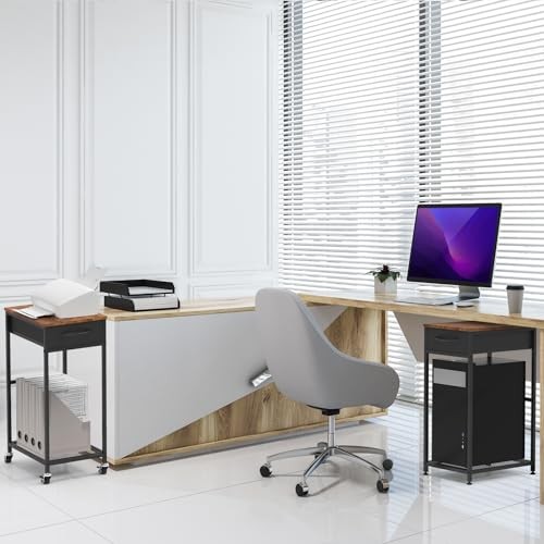 Computer Tower Stand PC Tower Stand with Storage Drawer 2 Tier Wood Brown