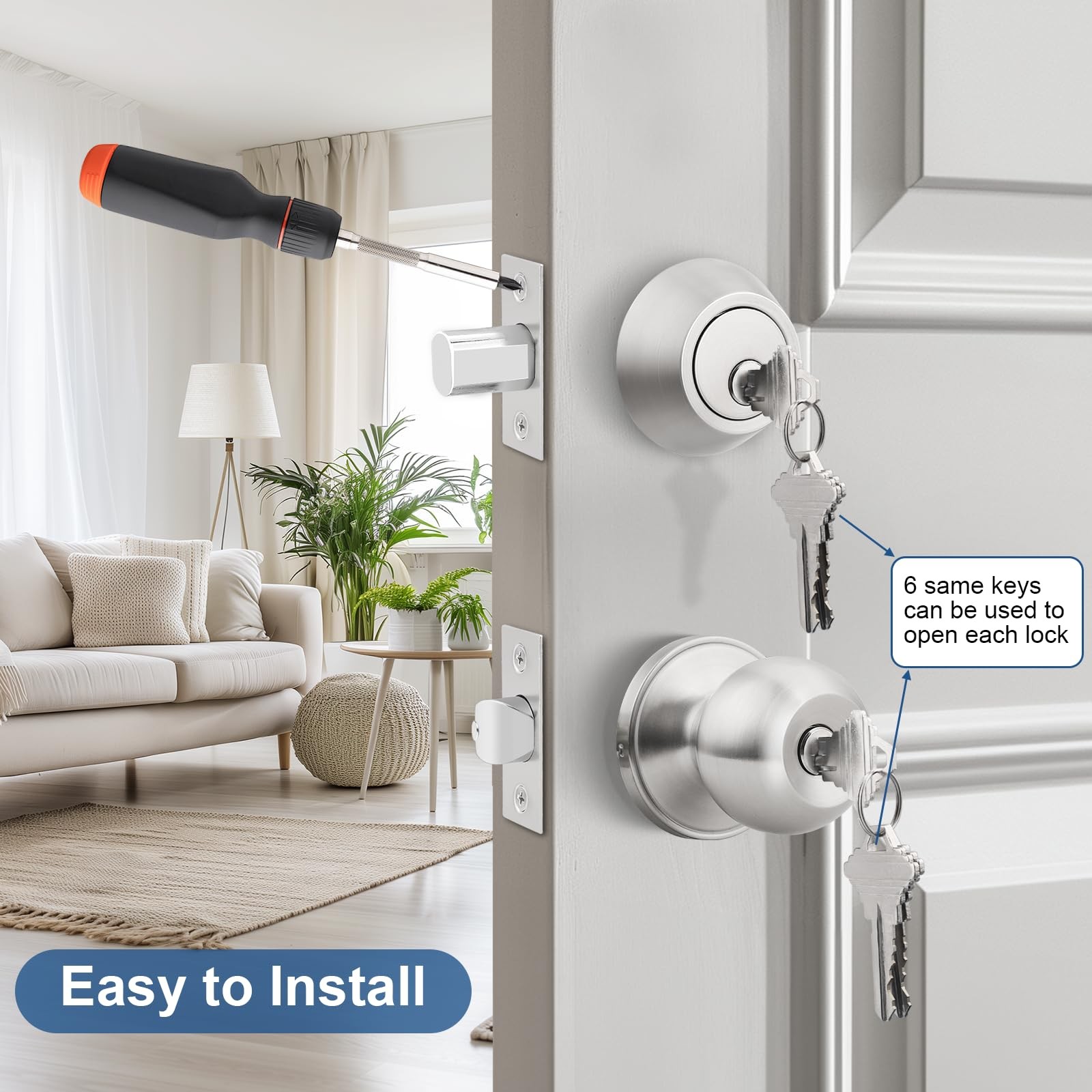 Knobonly Entry Door Knobs and Double Cylinder Deadbolt, Keyed Alike Door Handle