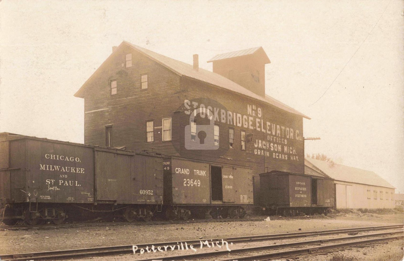 Railroad Stockbridge Elevator, Potterville MI 1915 RPPC Photo Postcard COPY