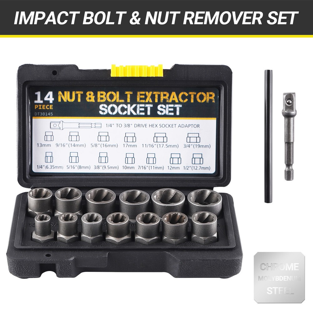 15PC Impact Bolt Nut Remover Extractor Socket Tool Set for Damaged Rusted Frozen