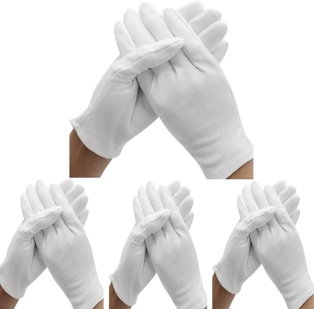 12 Pairs XL+ White Cotton Inspection Gloves – Soft Jewelry Coin Work Gloves