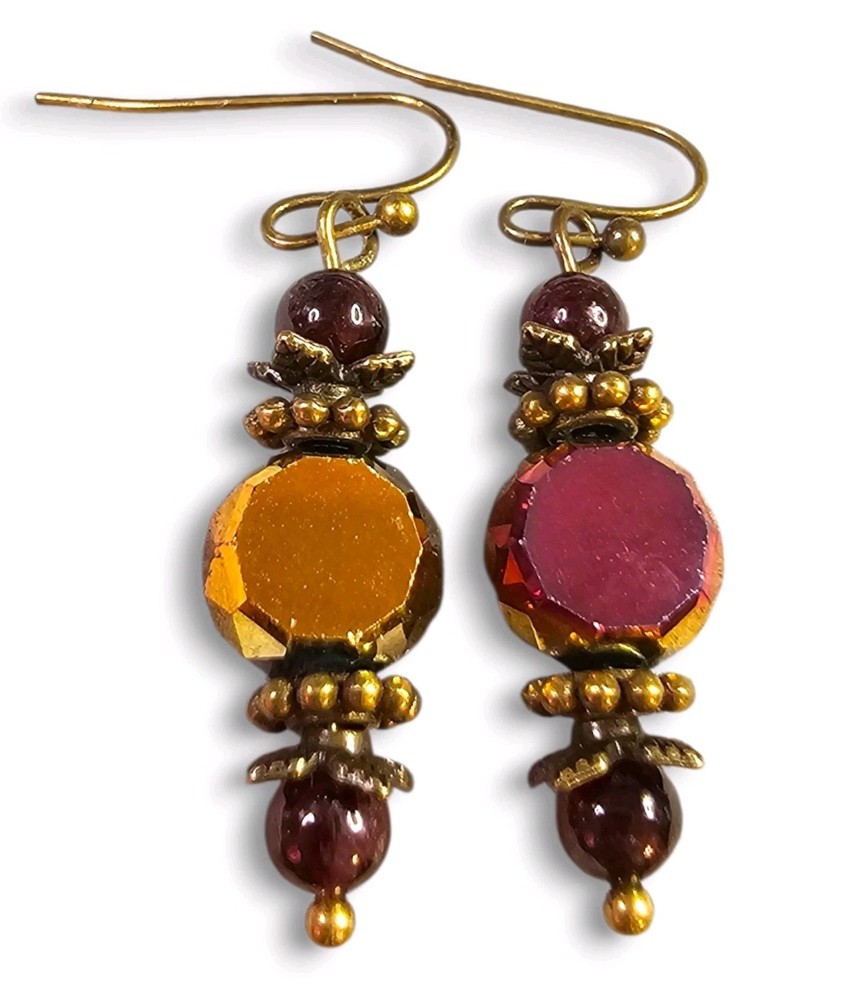 Garnet & Crystal Earrings Antique Bronze Dangle Drop Hook Handmade