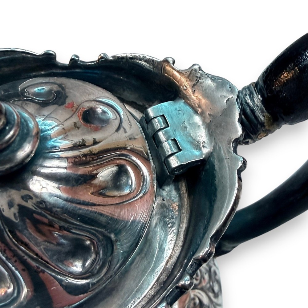 Antique Silverplate Hinged Lid Pitcher, Ornate Victorian Style, Black Handle