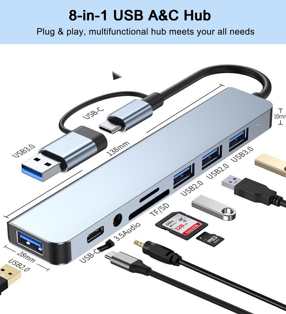 Multi Memory Card Reader 8 in 1 USB Splitter TF/SD Adapter USB C USB Hub 3.0