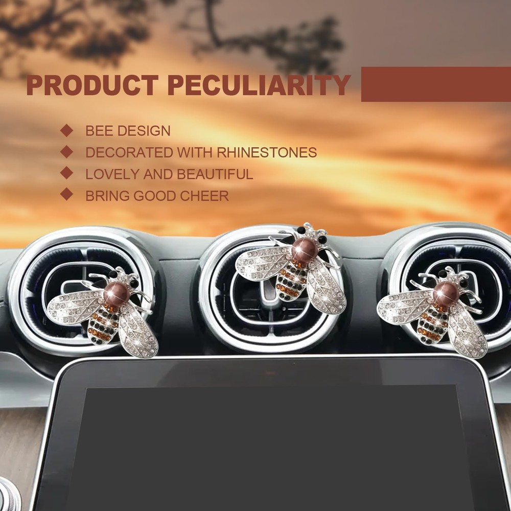 2 Pcs Shiny Bee Vent Clips, Car Diffuser Clip Rhinestone Diamond Silver