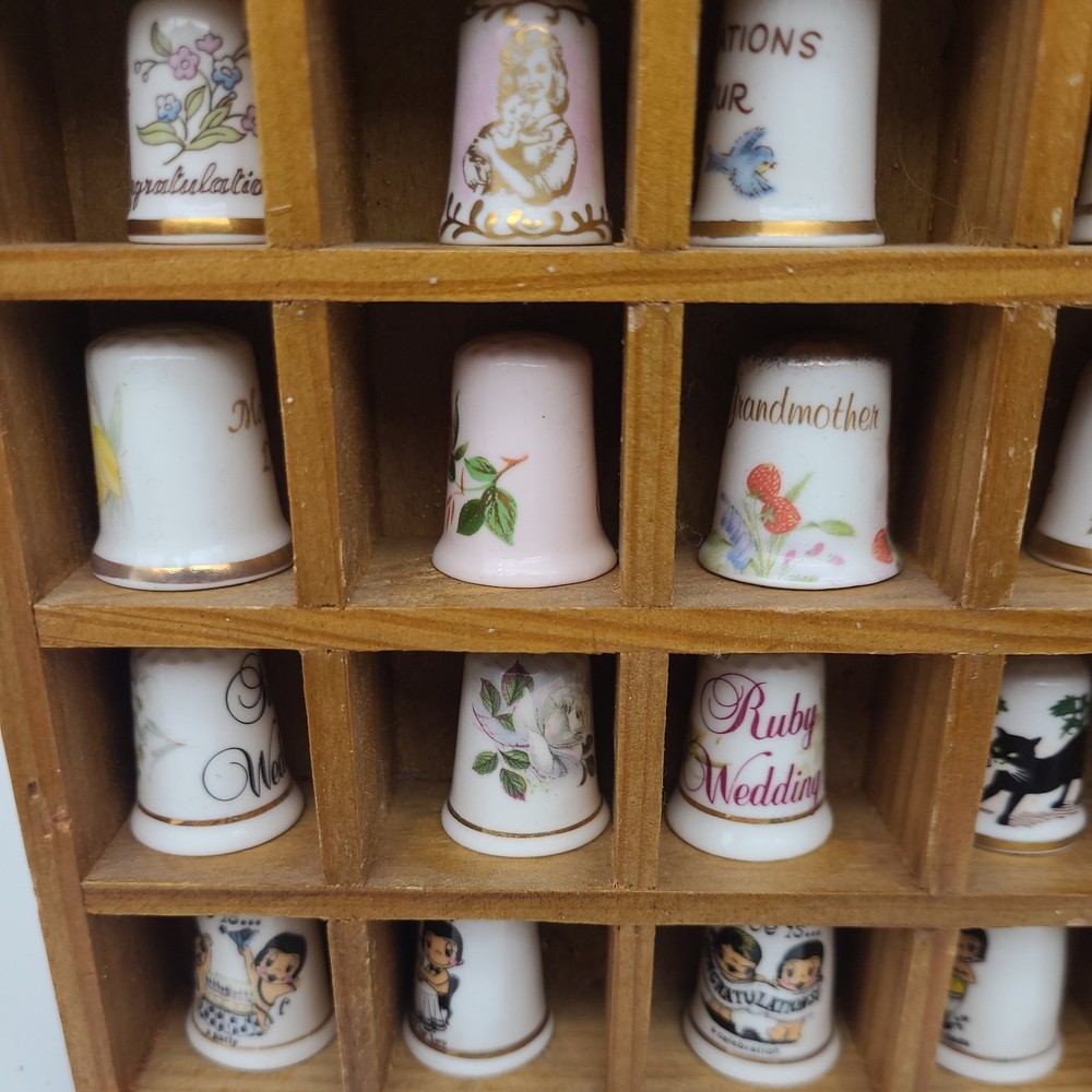 Vintage Thimble Display Case with 50 Mixed Various Thimbles Good Condition