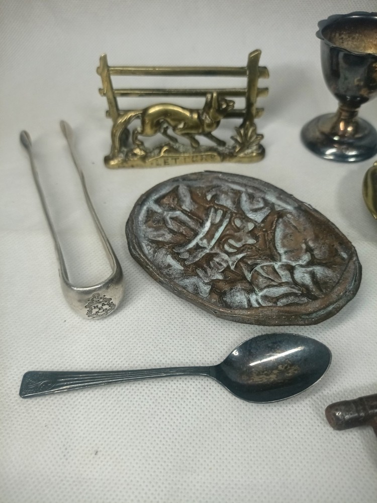 Antique Brass Fox Letter Rack, Iron Key & Silver Plate Metalware Bundle