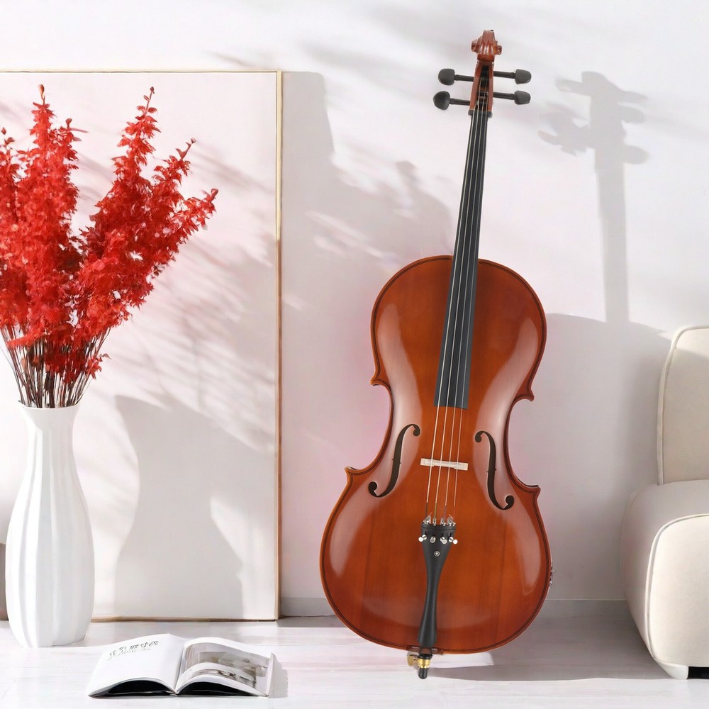 Natural Full Size 4/4 Acoustic Cello Set w/ Spruce Panel & Tiger Pattern Process