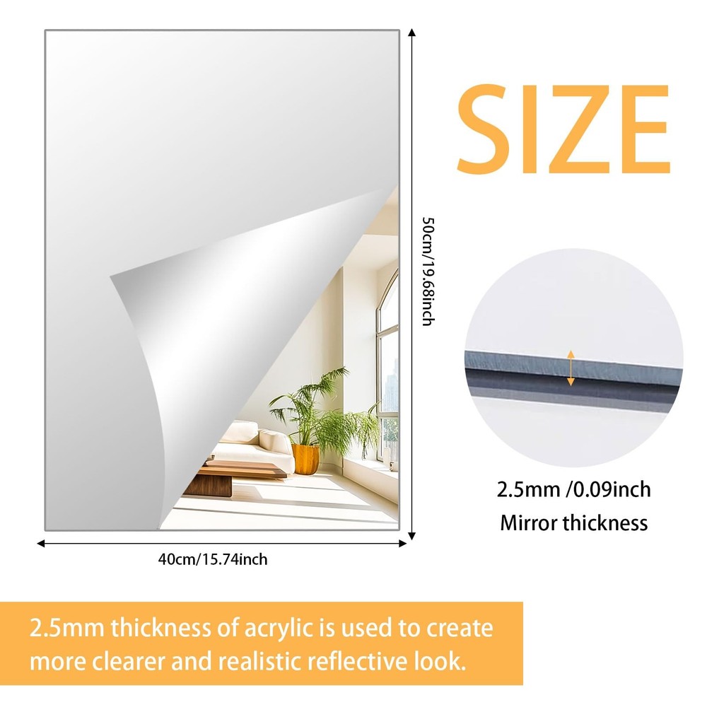 2Pcs Acrylic Mirror Sheet for Wall, 15.7" x 19.6" Large Rectangular Mirror Ti...