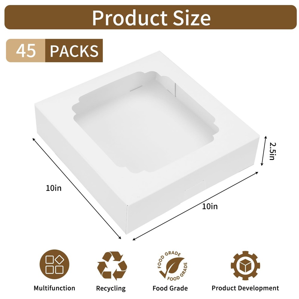 45 PCS Pie Boxes 10x10x2.5 Inch White Bakery Cookie Container Window Pastries