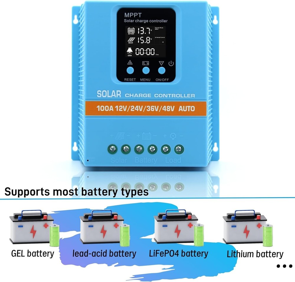 Upgraded 100A MPPT Solar Charge Controller 12V 24V 36V 48V LCD Display Batter...