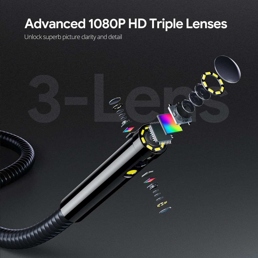 Endoscope, 7'' IPS Screen Borescope Camera with Light, Triple-Lens Inspection...