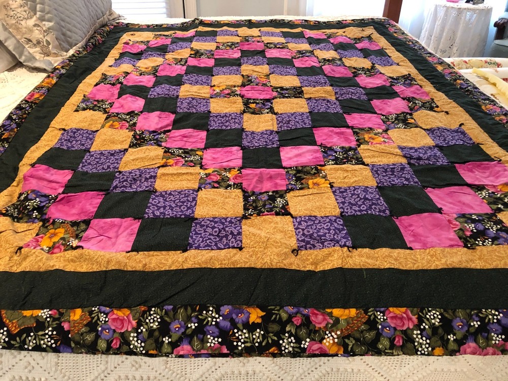 Homemade Multicolor Quillow Reversable, Signed 1996, "Diamond"