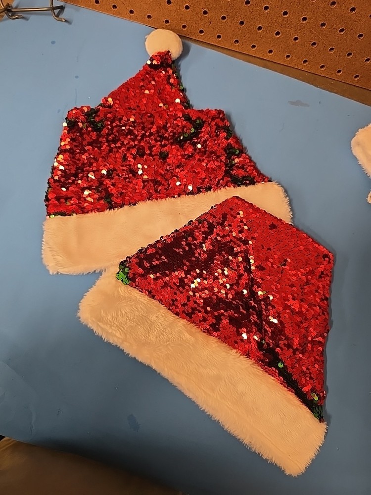 Santa Style Hat Reversible Green And Red Sequin 2 Pack