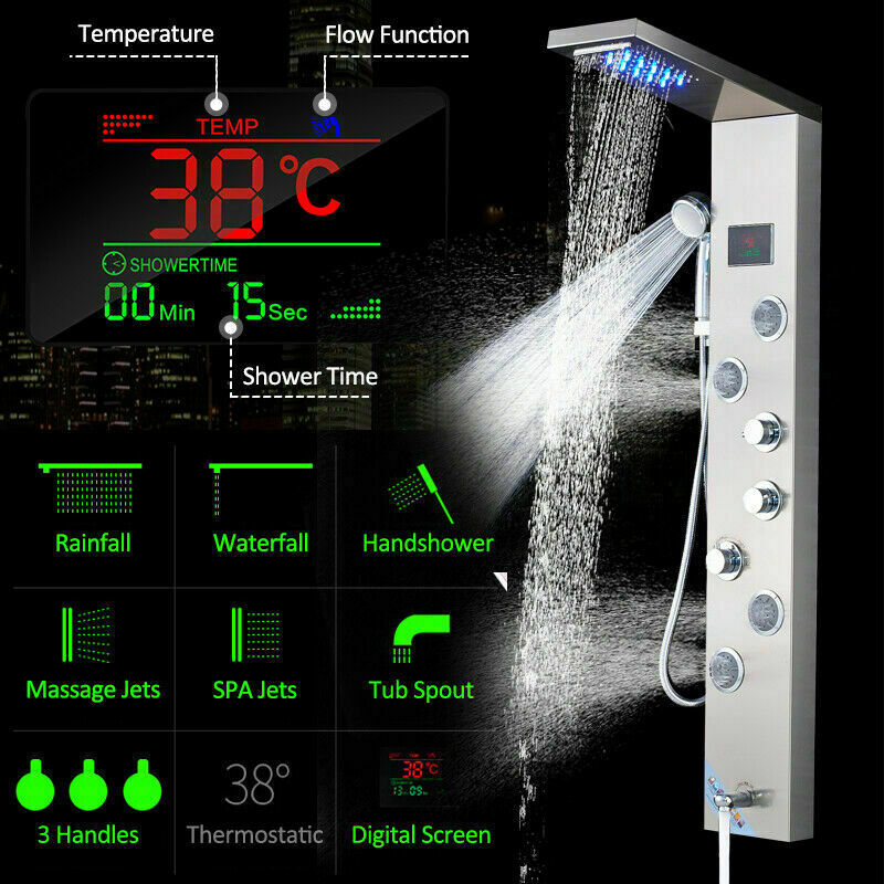 Stainless Steel Shower Panel System 5 Function LED Rain&Waterfall Message Body