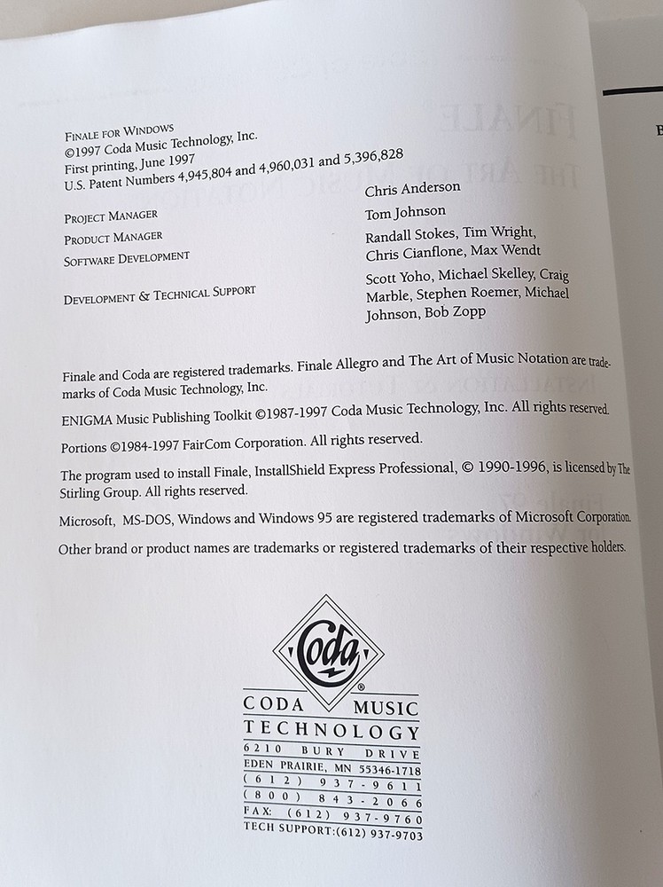 Finale 97 Installation & Tutorials Manual w/ Install Key Number Music Notation